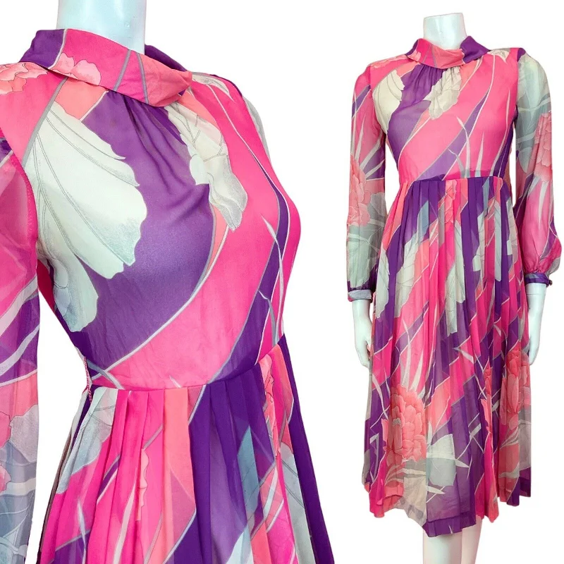 Buy More, Save More VINTAGE 60s 70s PINK PURPLE SILVER FLORAL LEAFY SHEER PLEATED SWING SILK DRESS 8 Buy More, Save More VINTAGE 60s 70s PINK PURPLE SILVER FLORAL LEAFY SHEER PLEATED SWING SILK DRESS 8