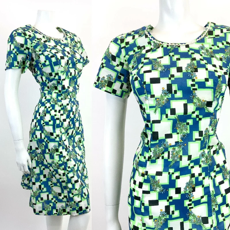 Steals and Deals VINTAGE 60s 70s BLUE NEON GREEN WHITE GEOMETRIC FLORAL PIXEL MOD SHORT DRESS 14