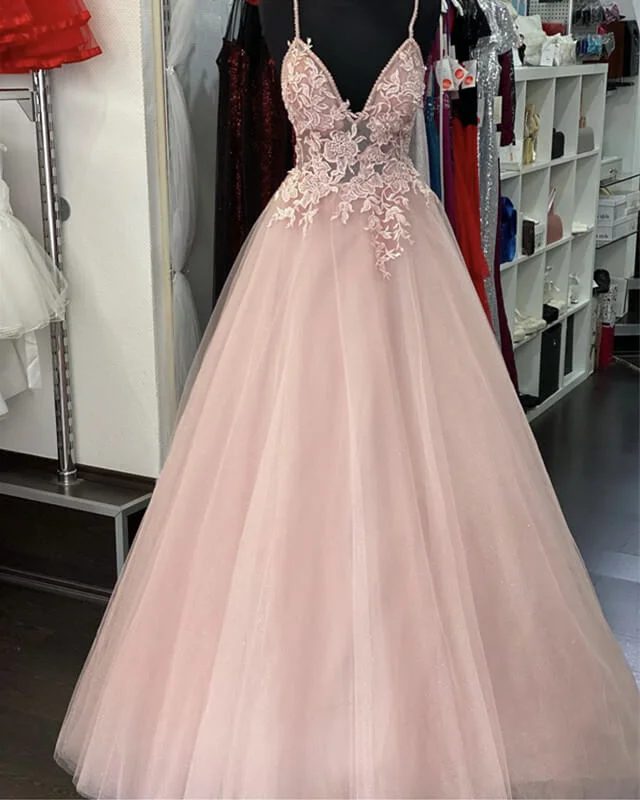 Price Cut Pearl Pink Tulle Prom Dresses V Neck Appliques