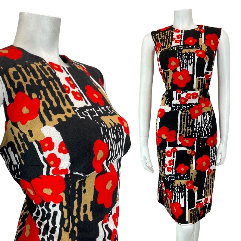 Don't Wait VTG 60s 70s BLACK WHITE RED PSYCHEDELIC FLORAL POPPY MOD SLEEVELESS DRESS 14 16