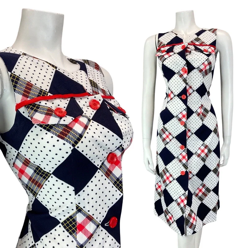Super Sale VINTAGE 60s 70s WHITE BLUE RED PATCHWORK POLKA-DOT SLEEVELESS MOD MIDI DRESS 8
