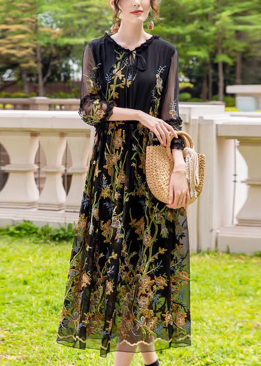 New Markdowns Stylish Black Embroideried Hollow Out Silk Maxi Dresses AC3044