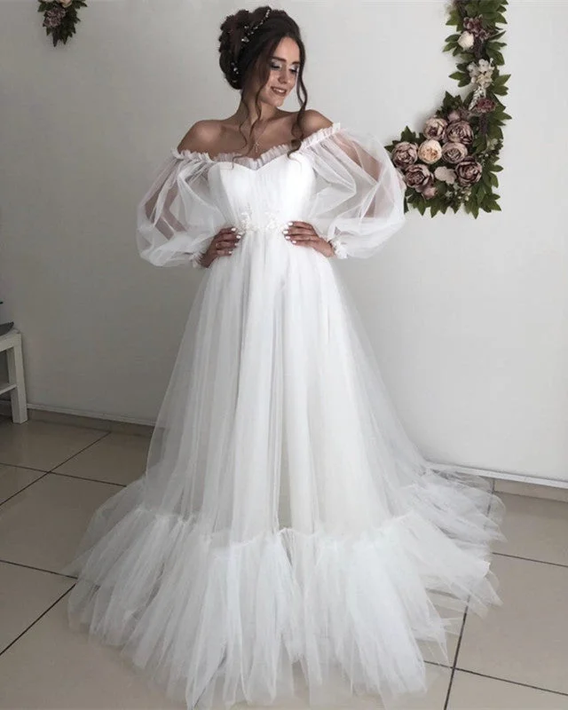 Massive Deals Puffy Sleeves Boho Wedding Dress Tulle Off Shoulder