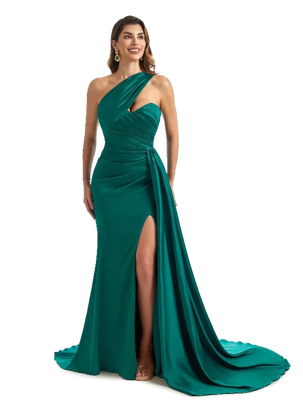 Last Chance Sexy Side Split One Shoulder Mermaid Silky Satin Chic Long Bridesmaid Dresses Online Last Chance Sexy Side Split One Shoulder Mermaid Silky Satin Chic Long Bridesmaid Dresses Online