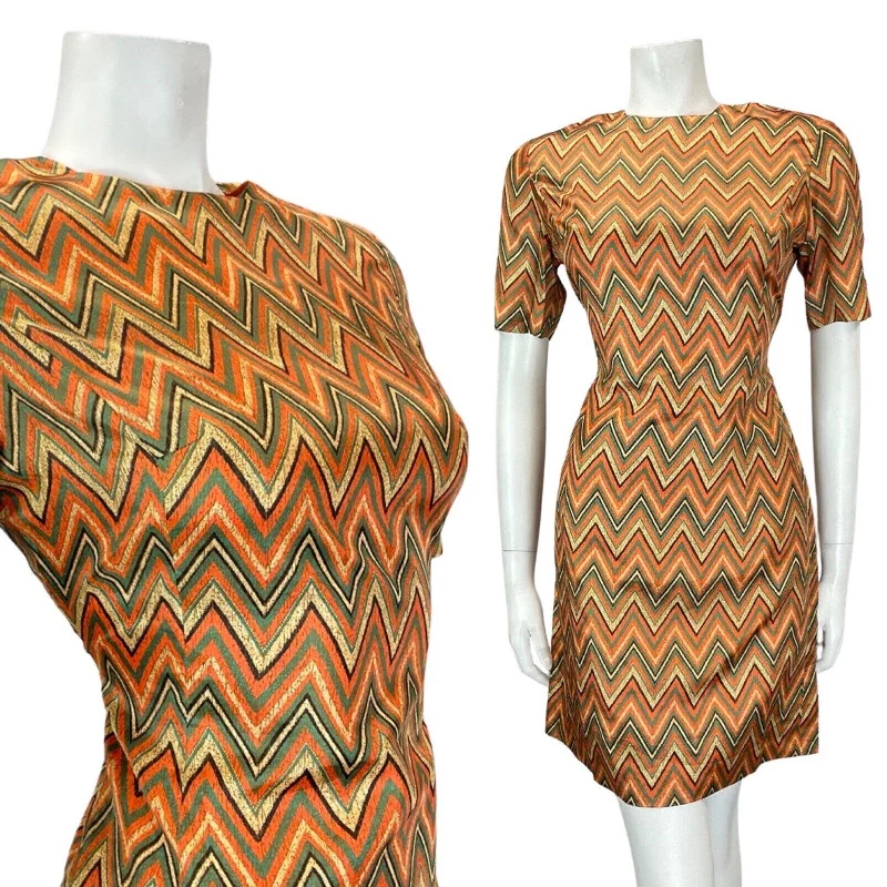 Reduced Prices VINTAGE 60s 70s GREEN ORANGE CREAM ZIG-ZAG CHEVRON MOD SHORT FITTED DRESS 10 12 Reduced Prices VINTAGE 60s 70s GREEN ORANGE CREAM ZIG-ZAG CHEVRON MOD SHORT FITTED DRESS 10 12