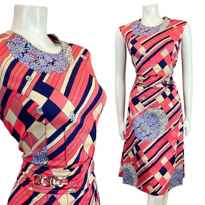 Bargain Bin VINTAGE 60s 70s PINK BLUE CREAM GEOMETRIC FLORAL DAISY SLEEVELESS DRESS 12 14 Bargain Bin VINTAGE 60s 70s PINK BLUE CREAM GEOMETRIC FLORAL DAISY SLEEVELESS DRESS 12 14