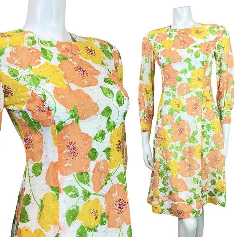 Massive Deals VINTAGE 60s 70s WHITE YELLOW ORANGE GREEN EMBROIDERED FLORAL LEAFY MOD DRESS 8 Massive Deals VINTAGE 60s 70s WHITE YELLOW ORANGE GREEN EMBROIDERED FLORAL LEAFY MOD DRESS 8