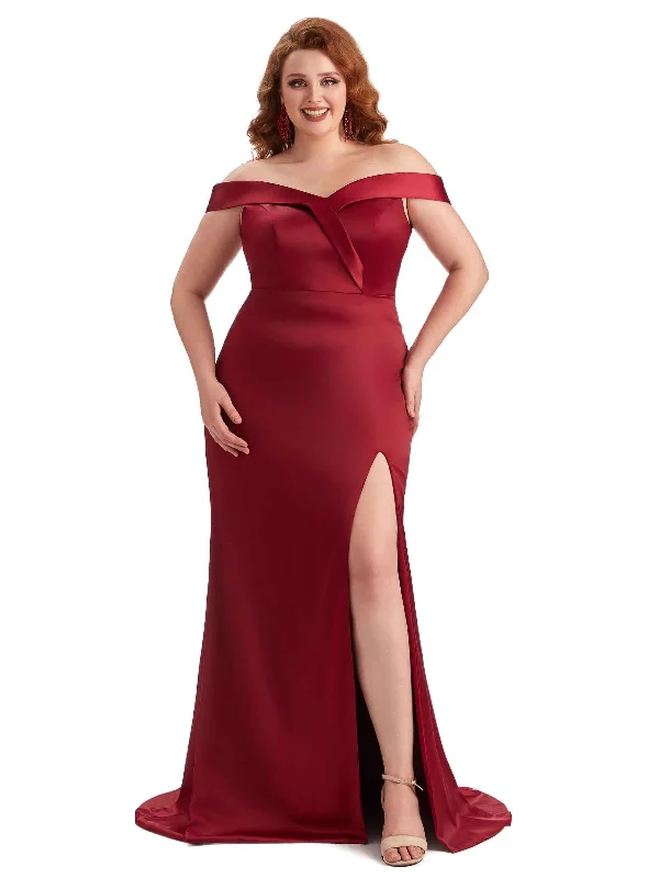 Bargain Bin Plus Size Elegant Off The Shoulder Side Slit Mermaid Soft Satin Long Bridesmaid Gowns