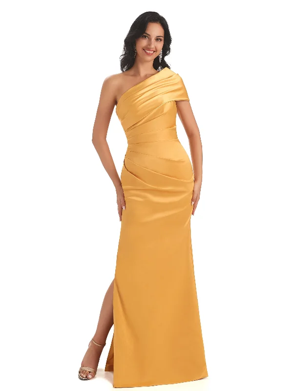 Special Promotion Sexy Soft Satin One Shoulder Long Side Slit Mermaid Bridesmaid Dresses Online