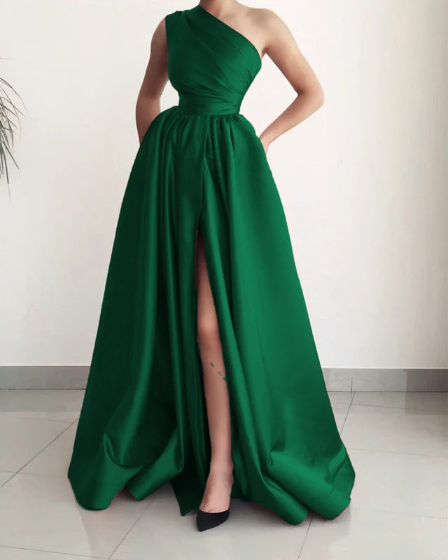 Instant Discount One Shoulder Split Satin Prom Dresses With Pockets