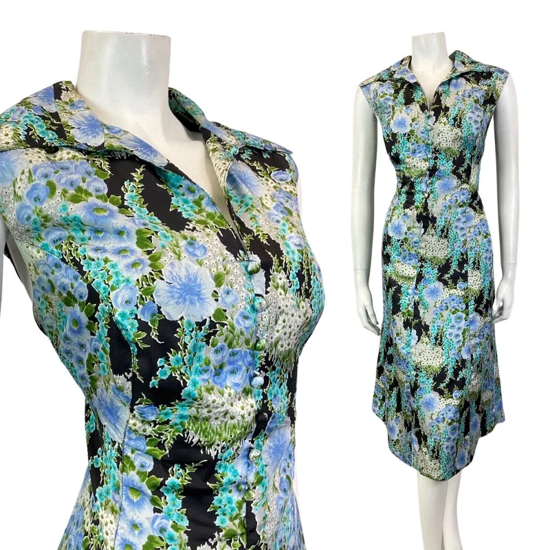 Referral Discount VINTAGE 60s 70s BLUE GREEN BLACK FLORAL WING COLLAR SLEEVELESS DRESS 16 18 Referral Discount VINTAGE 60s 70s BLUE GREEN BLACK FLORAL WING COLLAR SLEEVELESS DRESS 16 18