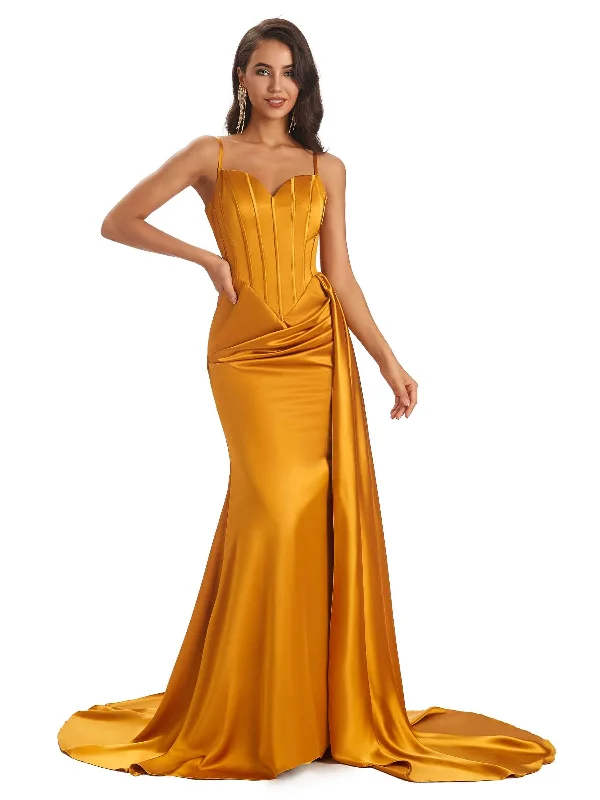 Seasonal Clearance Sexy Soft Satin Mermaid Long Spaghetti Straps Long Bridesmaid Dresses Online