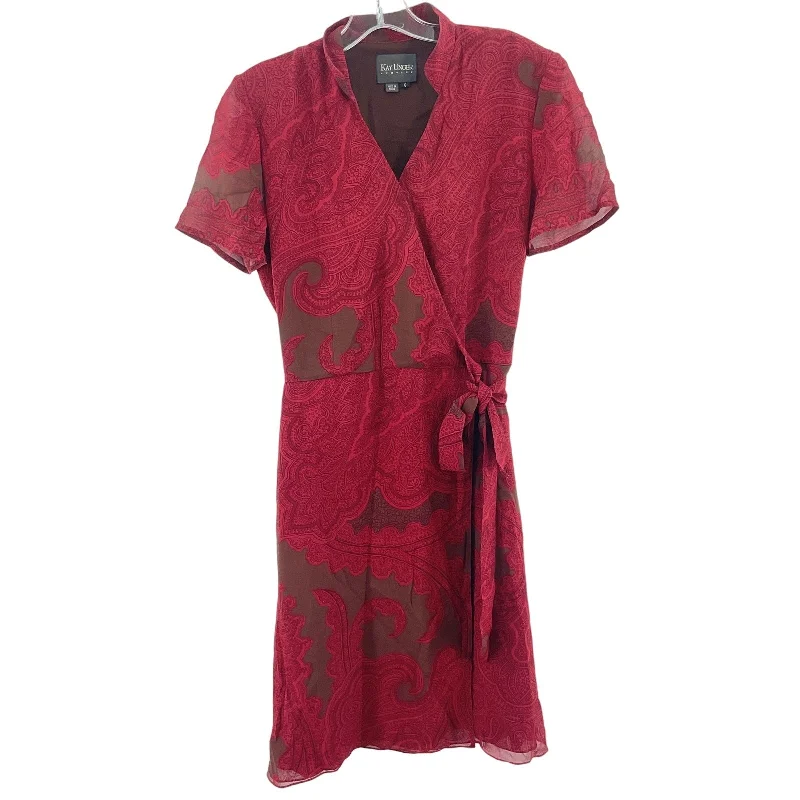 Act Now Vintage Kay Unger Brown Red 100% Silk Women Mini Faux Wrap Paisley Dress