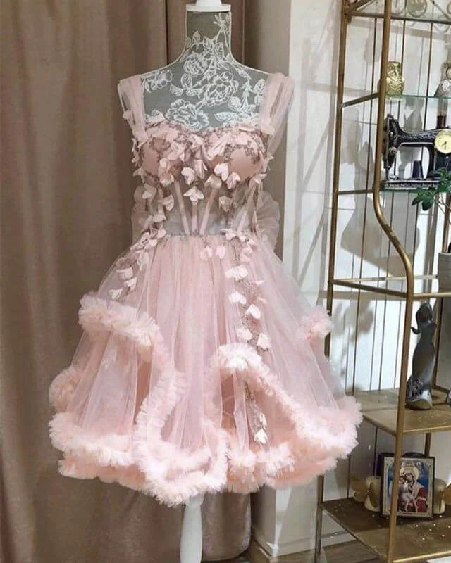 Anniversary Sale Short Pink Tulle Corset Dress With Handmade Flowers