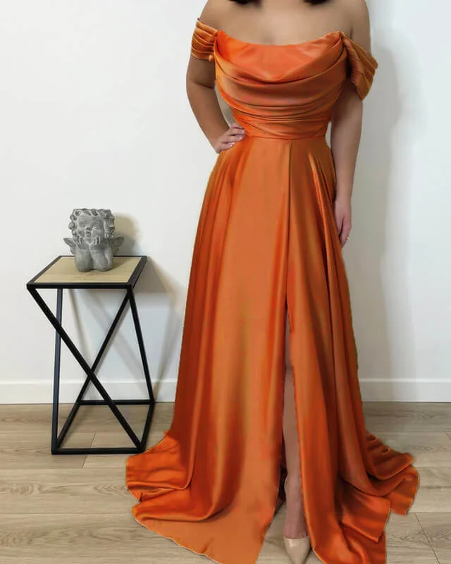 Daily Specials Long Cowl Neck Off Shoulder Satin Split Dress