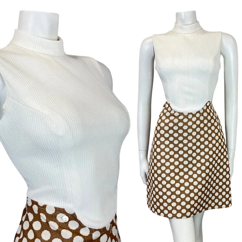 Limited Time Offer VINTAGE 60s 70s BROWN WHITE POLKA DOT MOD SLEEVELESS SUMMER DRESS 8 10
