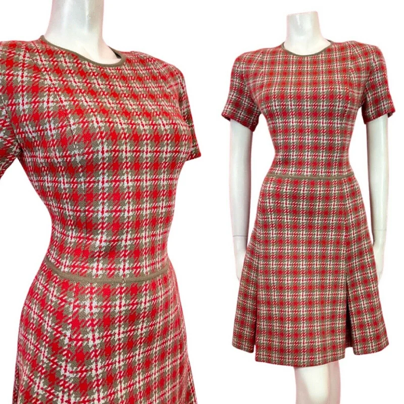 Deal Dash VINTAGE 60s 70s RED GREY WHITE PLAID CHECKED MOD PLEATED WOOL DRESS 10 12
