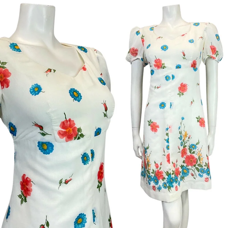 Closeout VINTAGE 60s 70s WHITE RED BLUE FLORAL GARDEN SHEER PUFF SLEEVE MOD DRESS 12 Closeout VINTAGE 60s 70s WHITE RED BLUE FLORAL GARDEN SHEER PUFF SLEEVE MOD DRESS 12