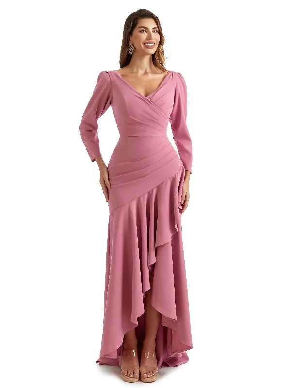 YEAR-End Sale Elegant Mermaid Ruffles Long Sleeves Stretch Crepe High Low Formal Bridesmaid Dresses YEAR-End Sale Elegant Mermaid Ruffles Long Sleeves Stretch Crepe High Low Formal Bridesmaid Dresses