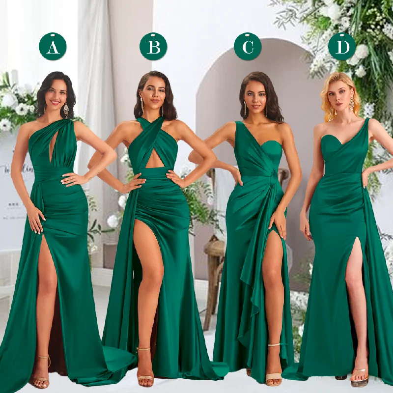 Final Clearance Emerald Sexy Side Slit Floor-Length Mismatched Soft Satin Mermaid Long Bridesmaid Dresses Online Final Clearance Emerald Sexy Side Slit Floor-Length Mismatched Soft Satin Mermaid Long Bridesmaid Dresses Online