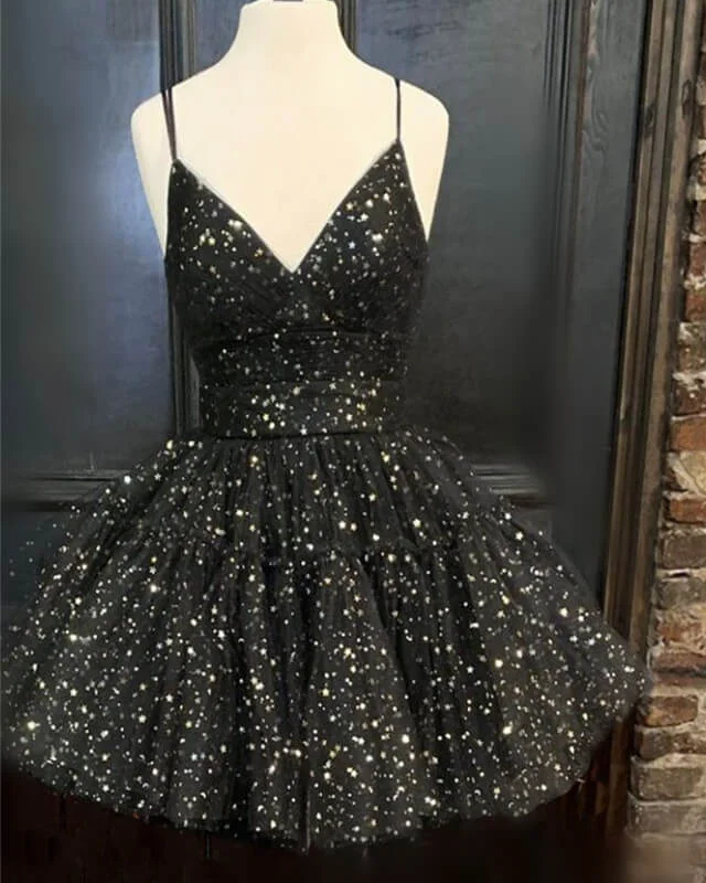 Super Bargain Black V Neck Ruffles Starry Homecoming Dresses