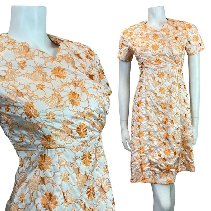 Daily Deals VINTAGE 60s STYLE 90s ORANGE WHITE FLORAL EMBROIDERED CUT-OUT MOD DRESS 6 8
