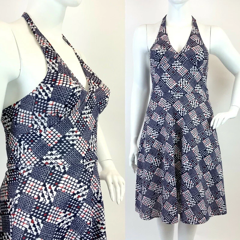 Price Blitz VINTAGE 60s 70s BLUE RED WHITE GEOMETRIC CHECKERBOARD MOD HALTER SUMMER DRESS 16