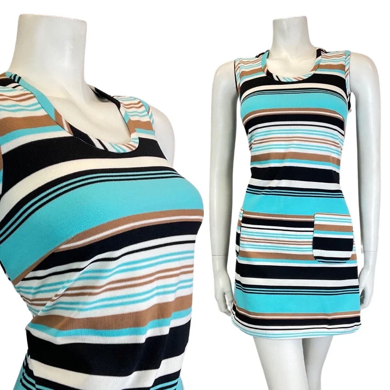 Steals and Deals VINTAGE 60s 70s BLUE BROWN BLACK STRIPED MOD PINAFORE MINI SLEEVELESS DRESS 8 10 Steals and Deals VINTAGE 60s 70s BLUE BROWN BLACK STRIPED MOD PINAFORE MINI SLEEVELESS DRESS 8 10