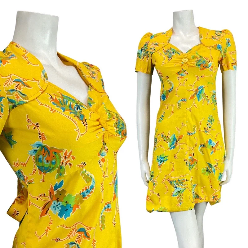 Customer Appreciation Sale VINTAGE 60s YELLOW BLUE ORANGE FLORAL VINE MOD SUMMER MINI DRESS 8