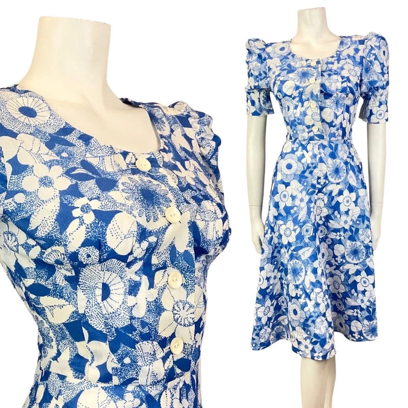 Act Fast VINTAGE 60s 70s BLUE WHITE FLORAL PUFF SLEEVE SWING DRESS 8