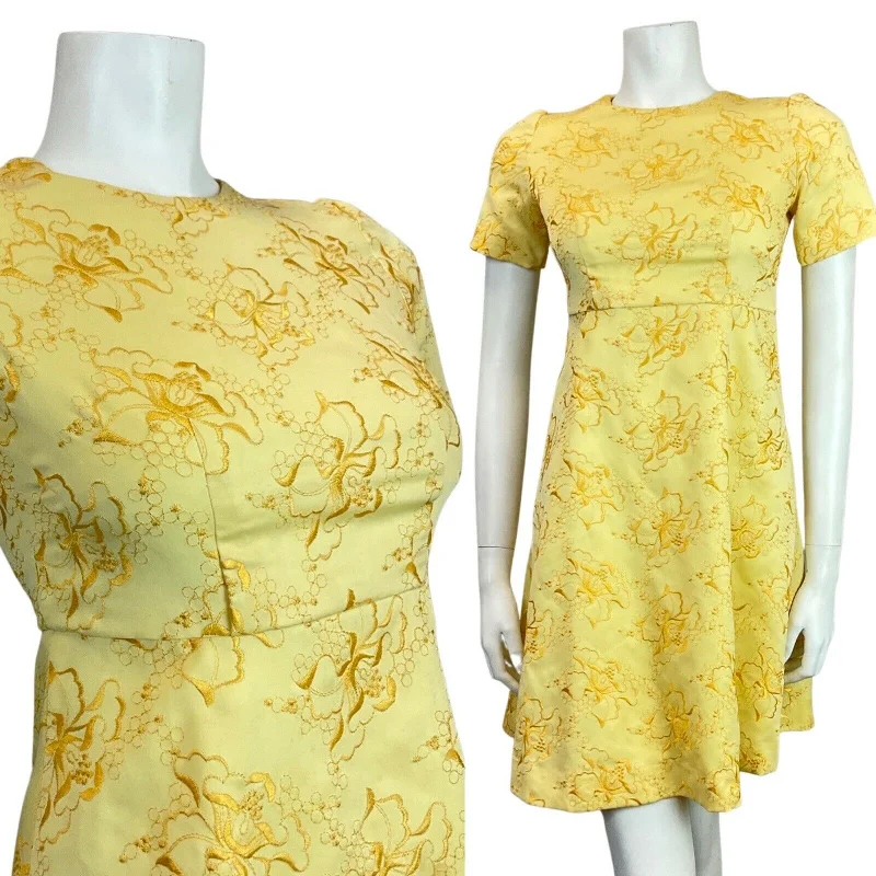 Major Savings VINTAGE 60s 70s SOFT YELLOW FLORAL EMBROIDERED MOD SHORT DRESS 8