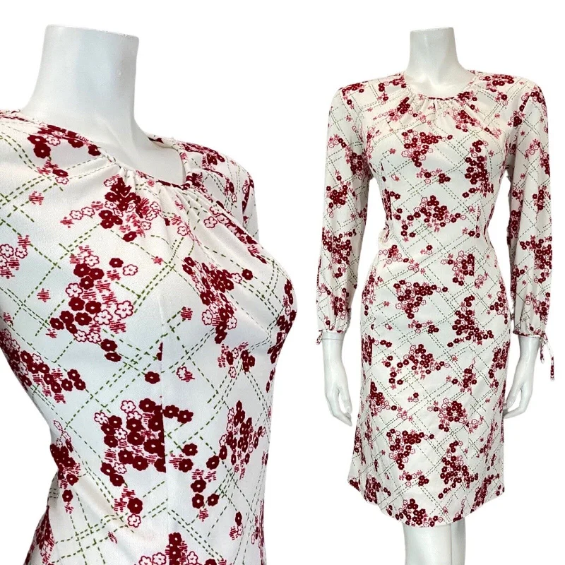 Act Fast VINTAGE 60s 70s WHITE RED GREEN CHECKED DAISY FLORAL MOD MIDI DRESS 14