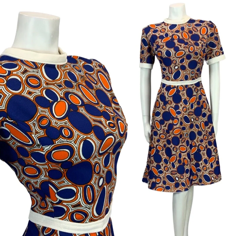 New Deals VINTAGE 60s 70s BLUE ORANGE WHITE BOLD PATTERNED MOD DRESS 10