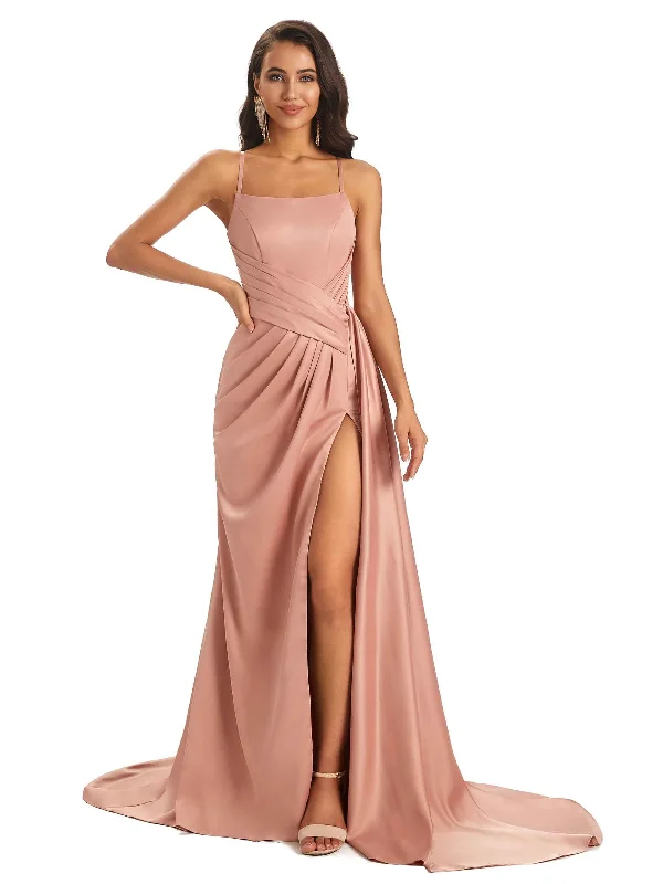 Stock Up and Save Sexy Soft Satin Side Slit Spaghetti straps Long Maxi Bridesmaid Dresses