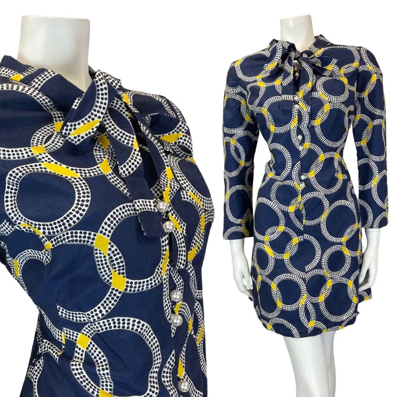 Weekend Deal VINTAGE 60s 70s BLACK WHITE YELLOW CIRCLE GEOMETRIC MOD BOW SHORT DRESS 14 16
