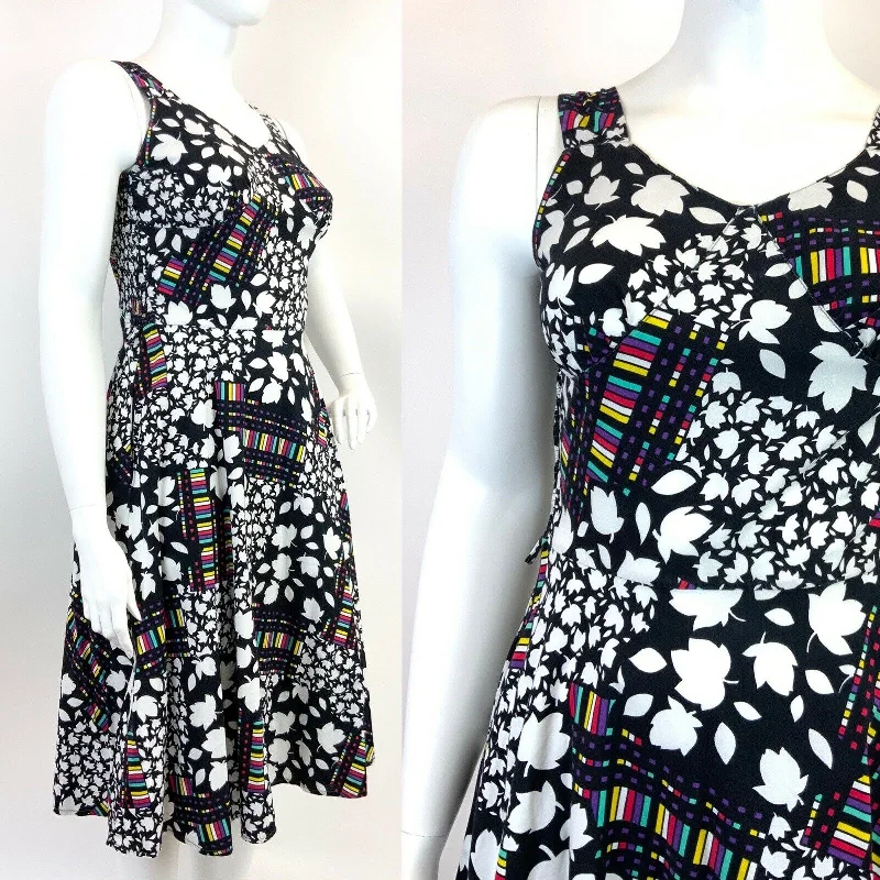 Grand Opening Sale VINTAGE 60s 70s BLACK WHITE RED PURPLE LEAFY FLORAL SLEEVELESS SWING DRESS 16