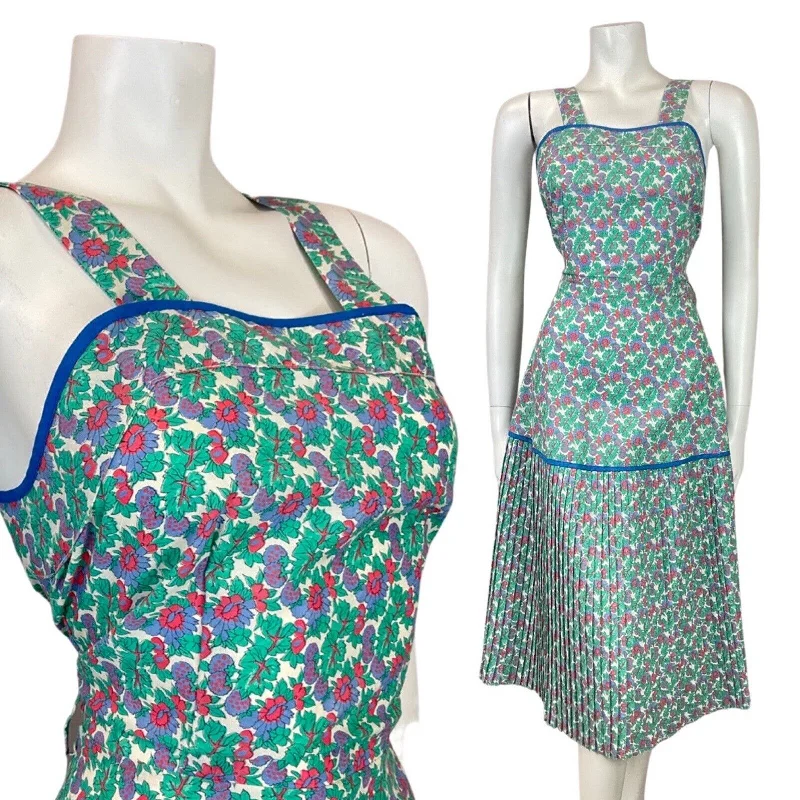 Limited Stock VINTAGE 60s 70s GREEN BLUE RED LEAFY FLOWER BERRY PLEATED APRON SUN DRESS 8 Limited Stock VINTAGE 60s 70s GREEN BLUE RED LEAFY FLOWER BERRY PLEATED APRON SUN DRESS 8