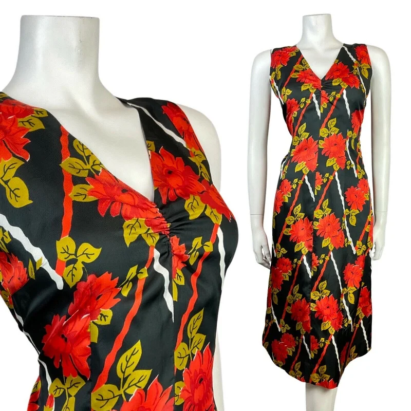 Final Sale VINTAGE 60s 70s BLACK RED GOLD FLORAL SLEEVELESS SUMMER DRESS 8