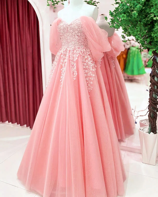 Overstock Blush Tulle A-line Off Shoulder Appliques Dress