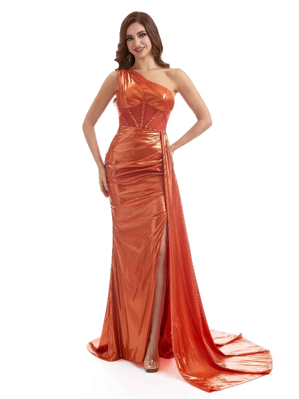 Last Chance Sexy Side Slit One Shoulder Sparkly Liquid Metallic Long Mermaid Dresses Online Last Chance Sexy Side Slit One Shoulder Sparkly Liquid Metallic Long Mermaid Dresses Online
