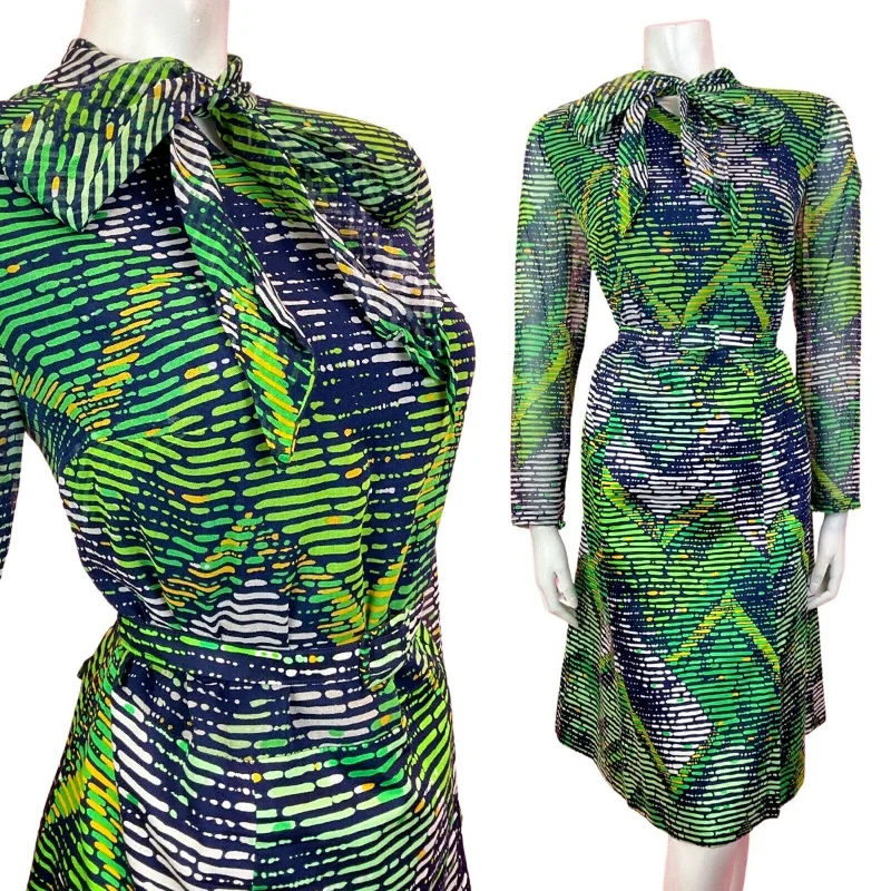 Flash Deals VINTAGE 60s 70s BLUE GREEN WHITE STRIPED PSYCHEDELIC SHEER PUSSYBOW DRESS 14 16 Flash Deals VINTAGE 60s 70s BLUE GREEN WHITE STRIPED PSYCHEDELIC SHEER PUSSYBOW DRESS 14 16