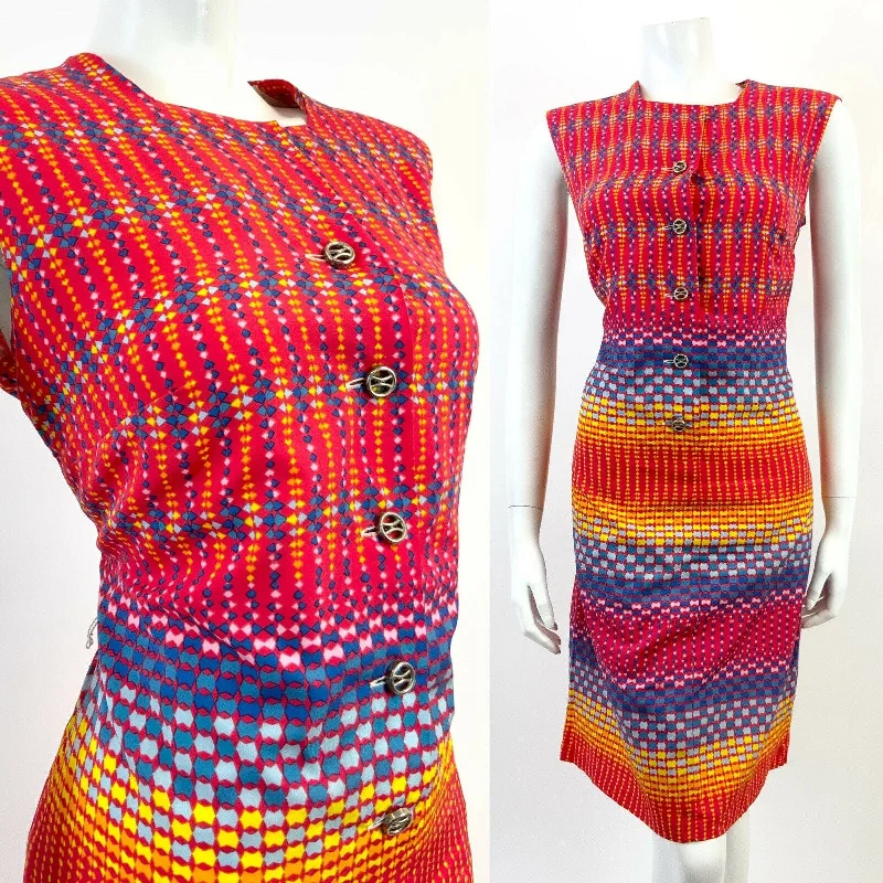 Discount Days VTG 60s 70s RED YELLOW BLUE GEOMETRIC CHECKERBOARD SLEEVELESS MOD DRESS 14 16