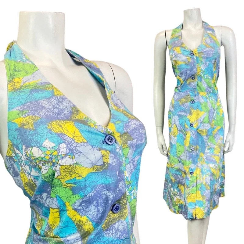 One-DAY Sale VINTAGE 60s 70s BLUE GREEN YELLOW PSYCHEDELIC HALTER SWING DRESS 12 14