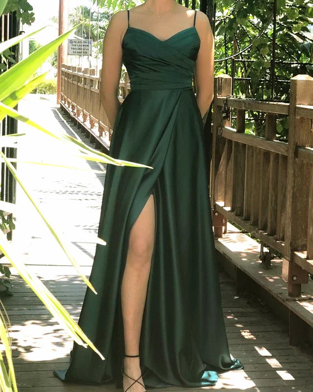 Sneak Peek Sale Emerald Green Satin V Neck Bridesmaid Dresses Split