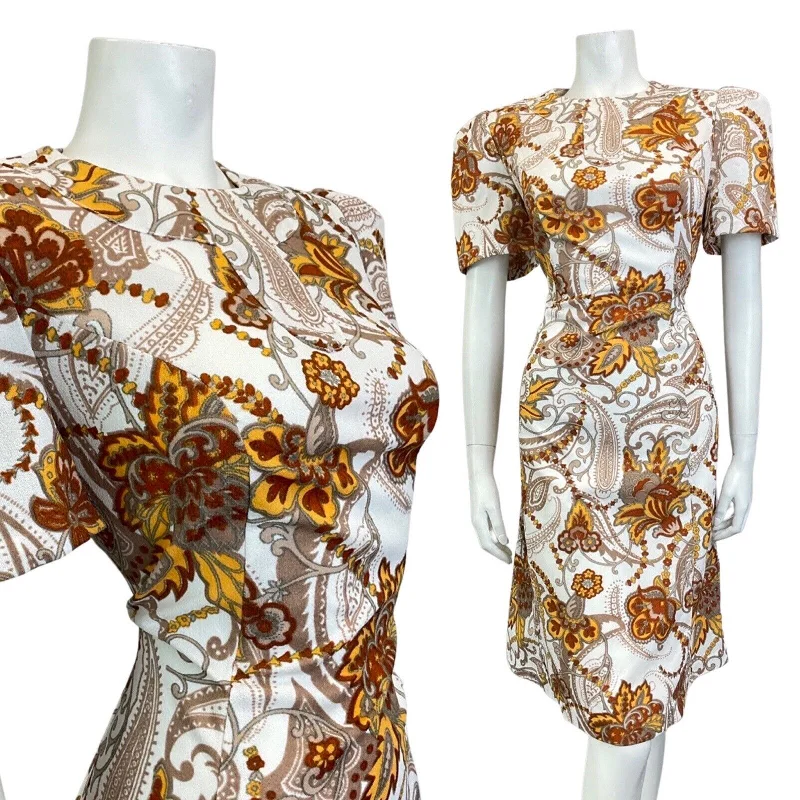 Super Deal VINTAGE 60s 70s BROWN WHITE YELLOW PSYCHEDELIC PAISLEY FLOWER A-LINE DRESS 14 16 Super Deal VINTAGE 60s 70s BROWN WHITE YELLOW PSYCHEDELIC PAISLEY FLOWER A-LINE DRESS 14 16