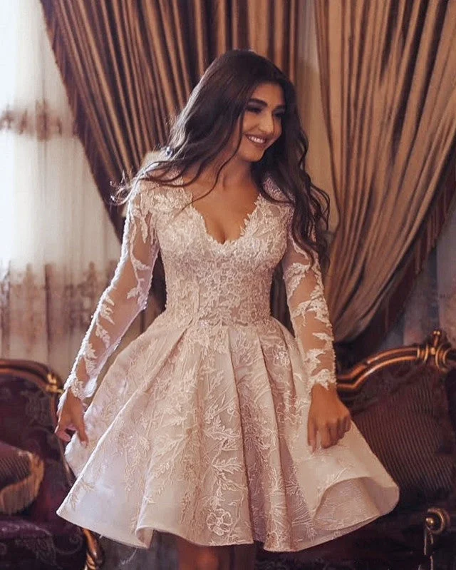 Lowest Prices Long Sleeves Homecoming Dresses Lace V Neck Ruffles