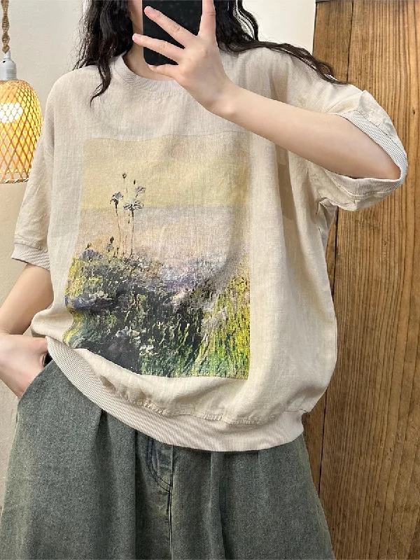 Bargain Blast Women Summer Casual Spliced Linen Loose Shirt QW1041
