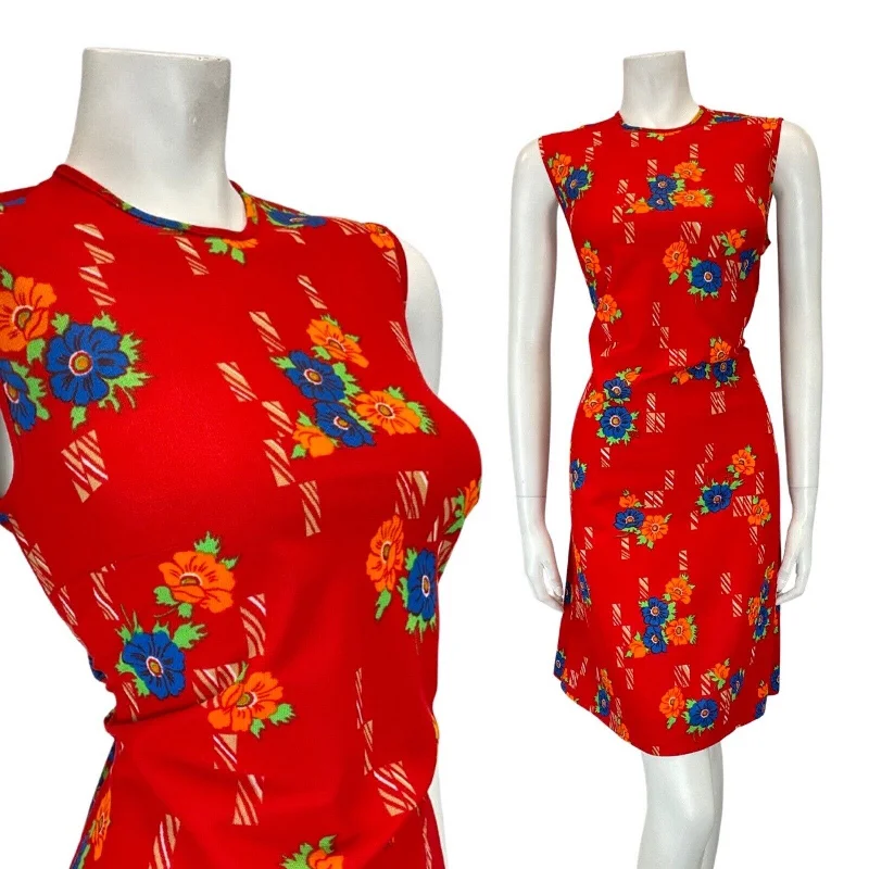 Price Fest VINTAGE 60s 70s PILLARBOX RED BLUE FLORAL MOD SLEEVELESS SHORT DRESS 10 12