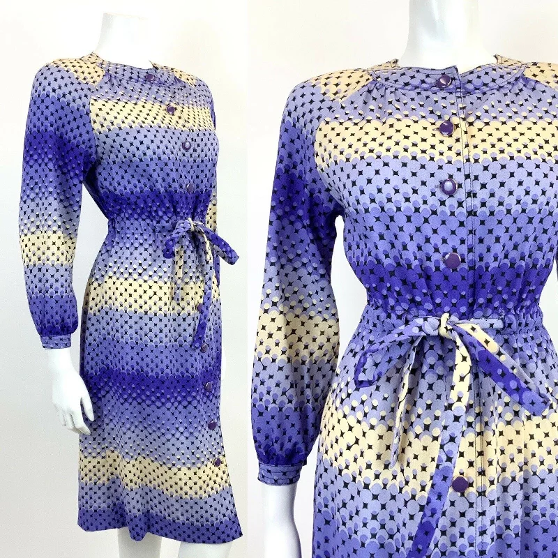 Exclusive Offers VINTAGE 60s 70s PURPLE CREAM BLACK OMBRE DOTTY GEOMETRIC MIDI DRESS 12 14