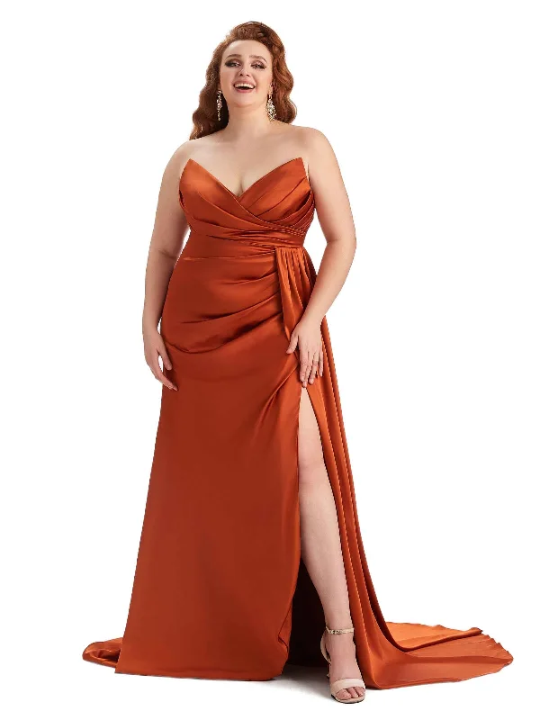 Final Clearance Sexy V-neck Side Slit Mermaid Soft Satin Long Plus Size Bridesmaid Gowns
